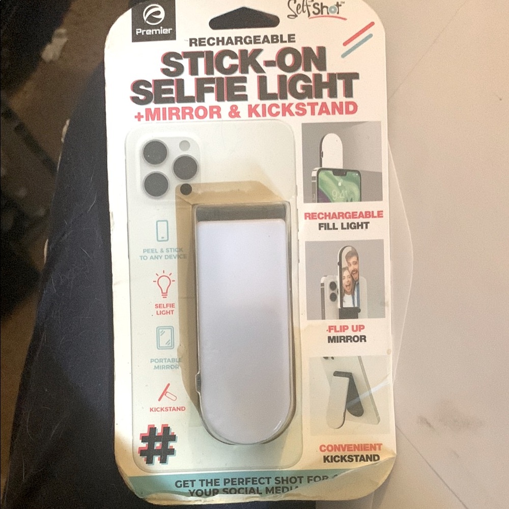 Premier Rechargeable Stick-On Selfie Light With Mirror & Kickstand